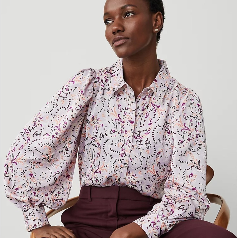 Ann Taylor Petite Paisley Collared Puff Sleeve Shirt